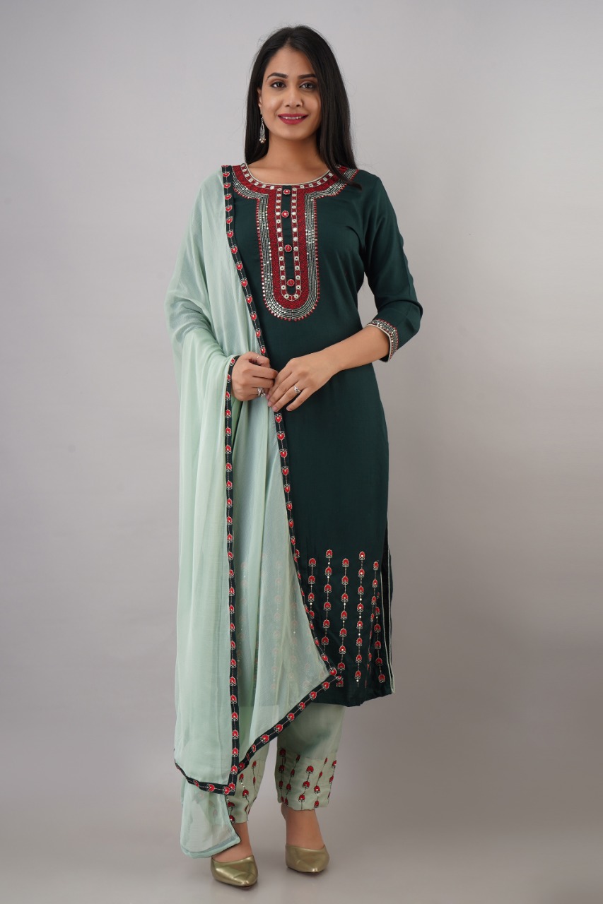 RC0001 Bottle Green Kurti Sea Green Pant Dupatta Set